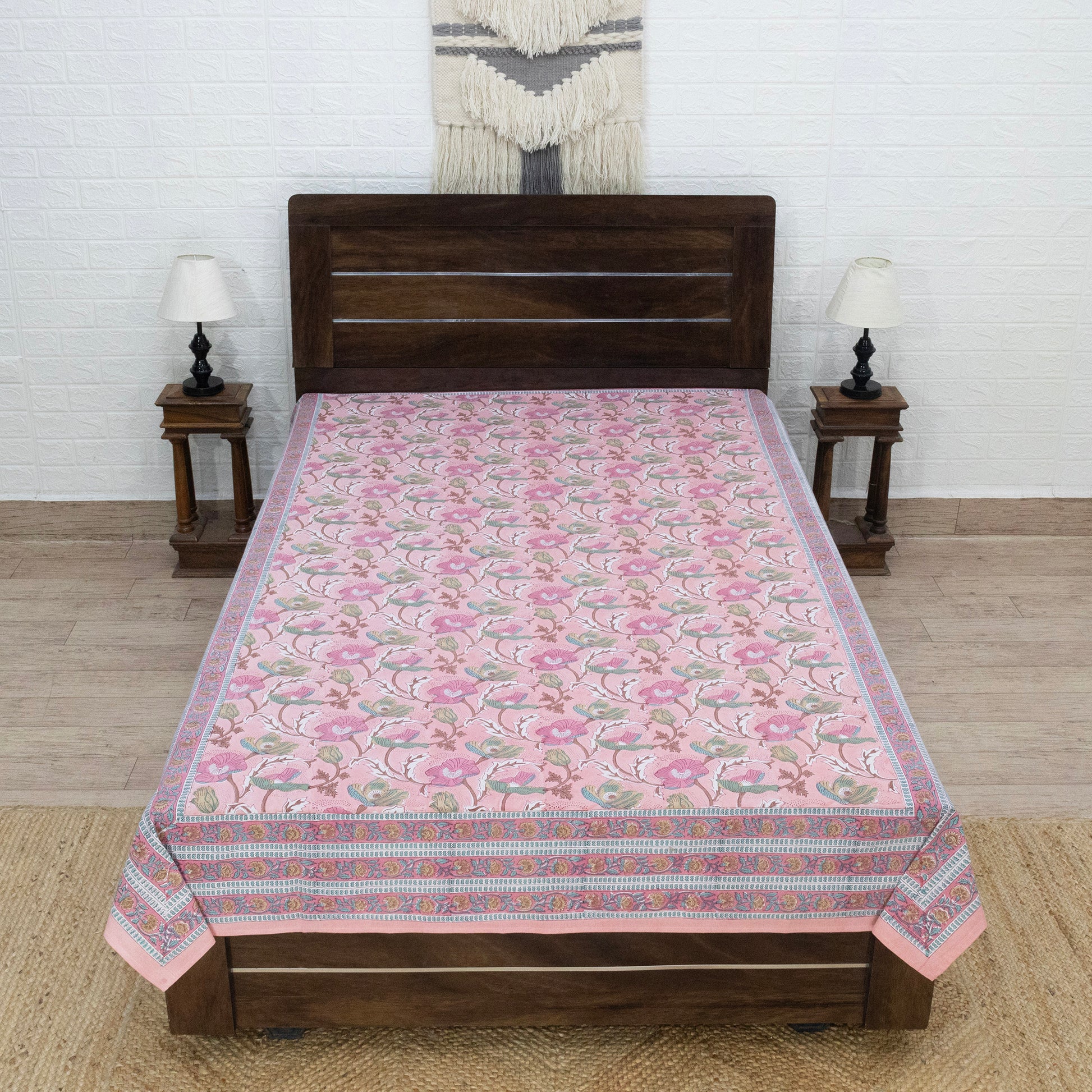 Indian Handmade Block Printed Pink and Blue Floral Pattern Cotton Bed sheet For living Room, Kids Room - My Store