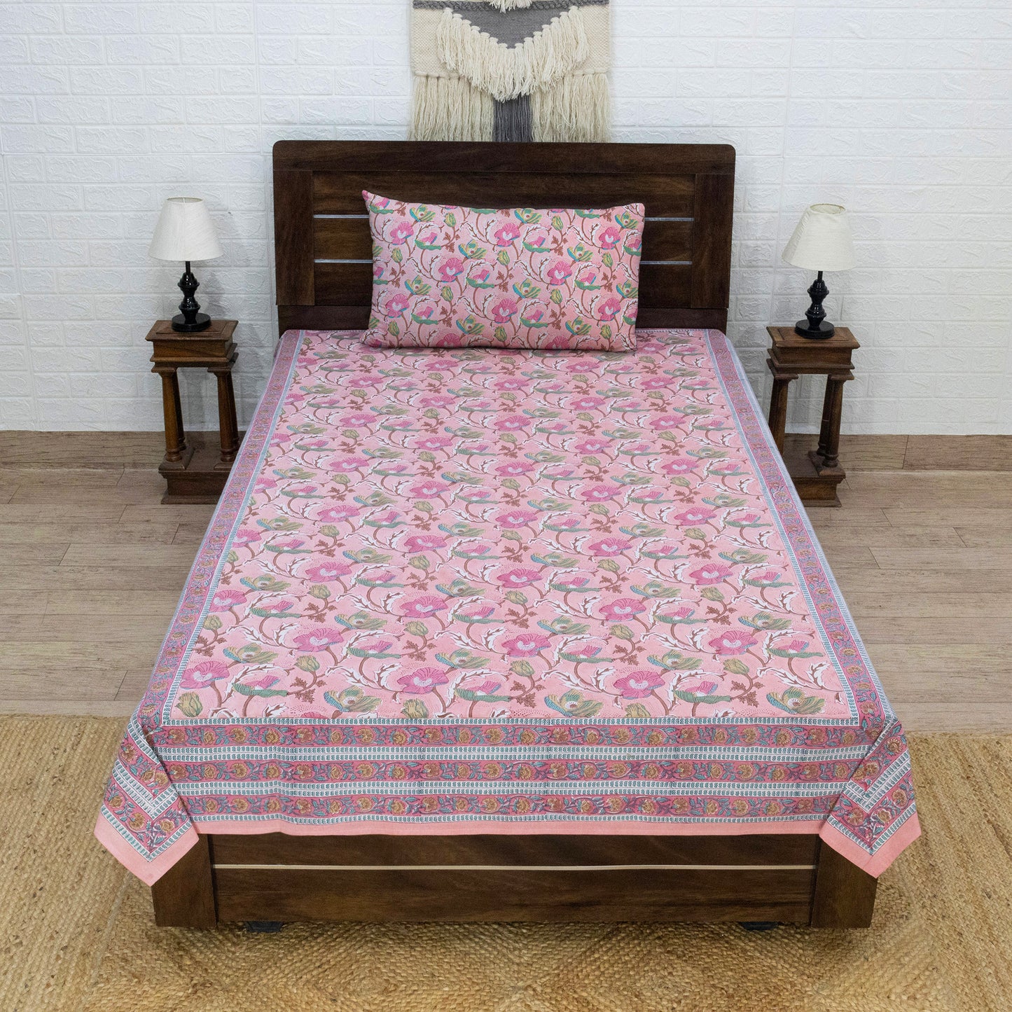 Indian Handmade Block Printed Pink and Blue Floral Pattern Cotton Bed sheet For living Room, Kids Room - My Store
