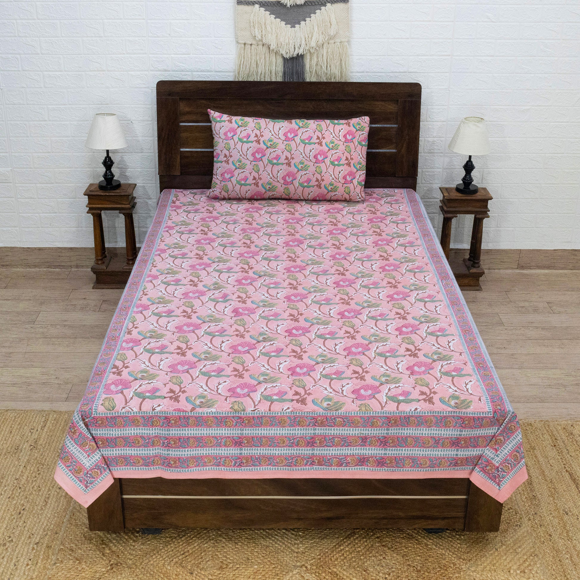 Indian Handmade Block Printed Pink and Blue Floral Pattern Cotton Bed sheet For living Room, Kids Room - My Store