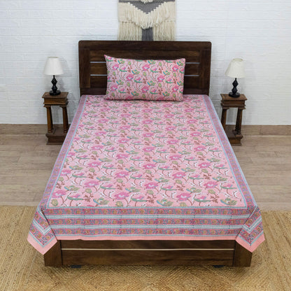 Indian Handmade Block Printed Pink and Blue Floral Pattern Cotton Bed sheet For living Room, Kids Room - My Store