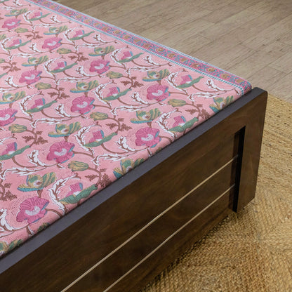 Indian Handmade Block Printed Pink and Blue Floral Pattern Cotton Bed sheet For living Room, Kids Room - My Store