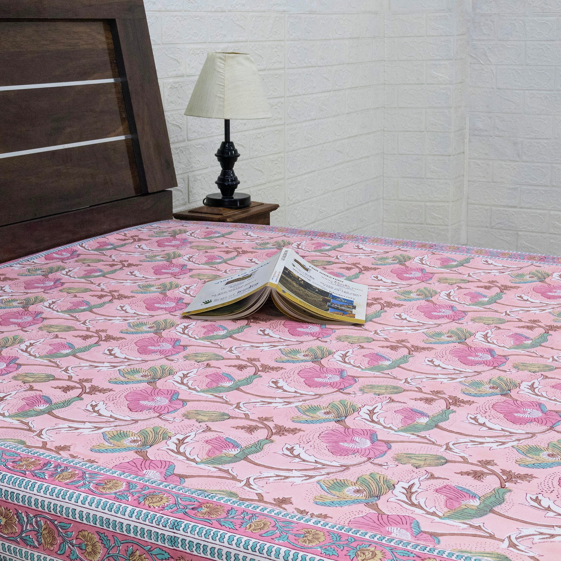 Indian Handmade Block Printed Pink and Blue Floral Pattern Cotton Bed sheet For living Room, Kids Room - My Store