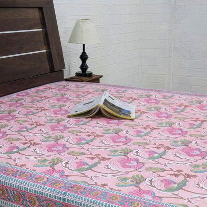 Indian Handmade Block Printed Pink and Blue Floral Pattern Cotton Bed sheet For living Room, Kids Room - My Store