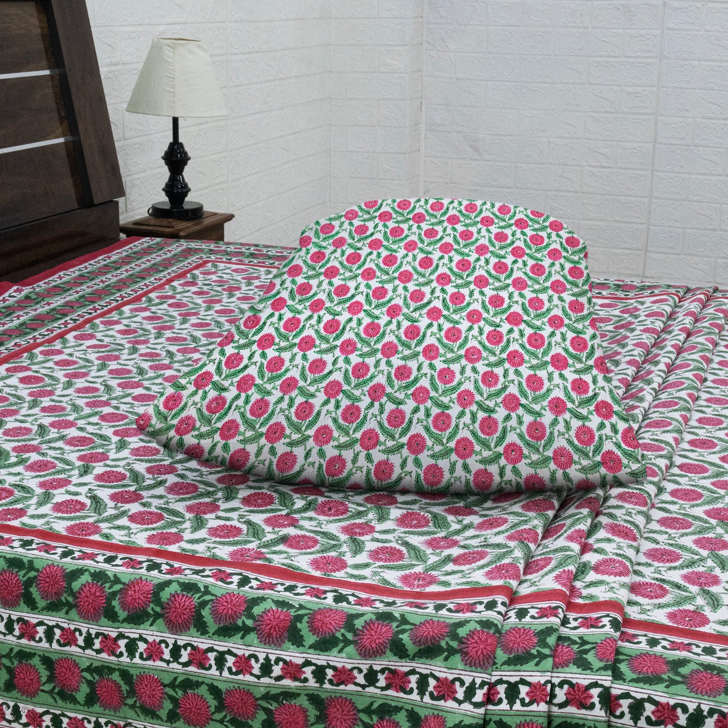 Indian Handmade Block Printed Pink and Green Floral Pattern Cotton Bed sheet For living Room, Kids Room - My Store