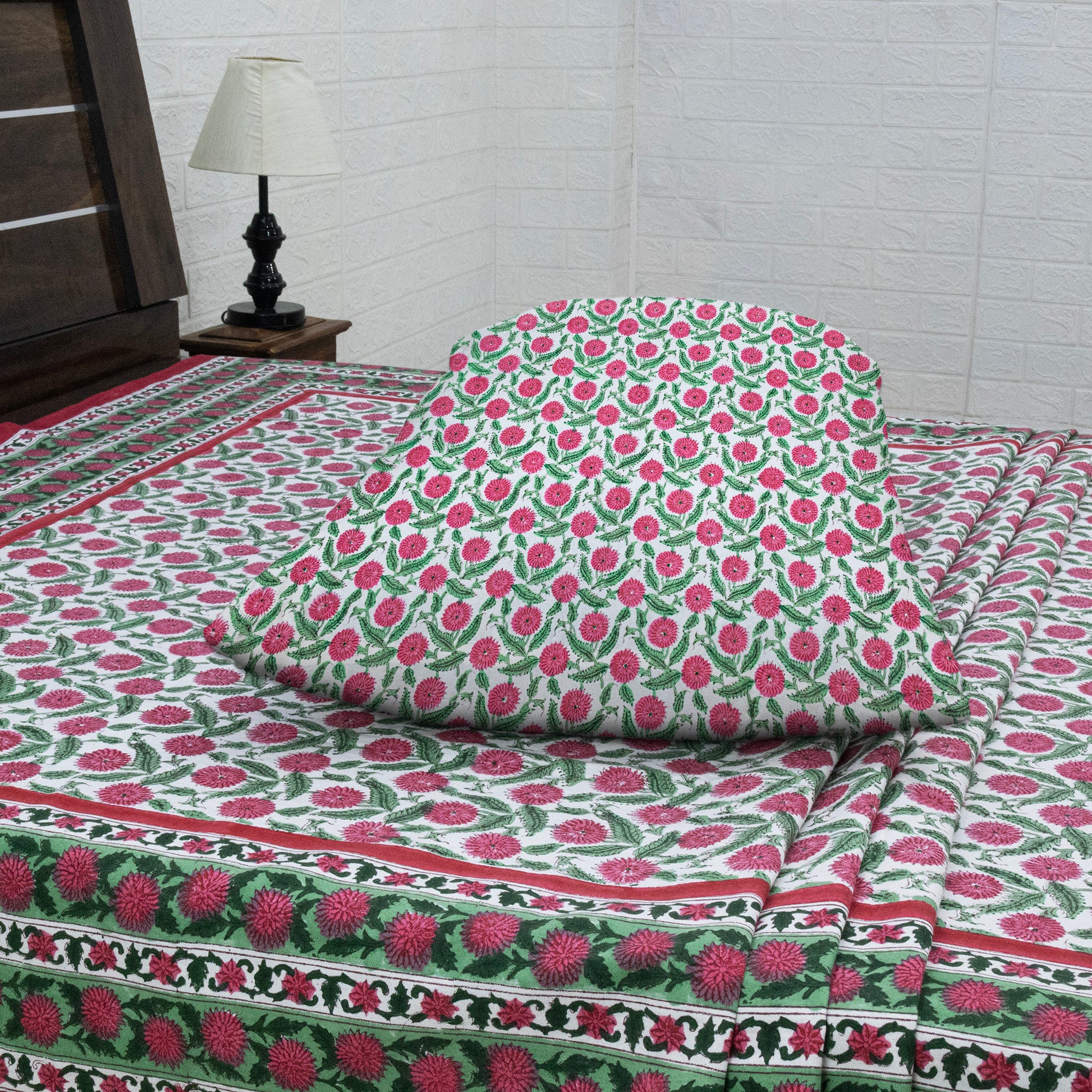 Indian Handmade Block Printed Pink and Green Floral Pattern Cotton Bed sheet For living Room, Kids Room - My Store