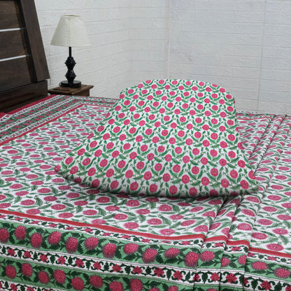 Indian Handmade Block Printed Pink and Green Floral Pattern Cotton Bed sheet For living Room, Kids Room - My Store