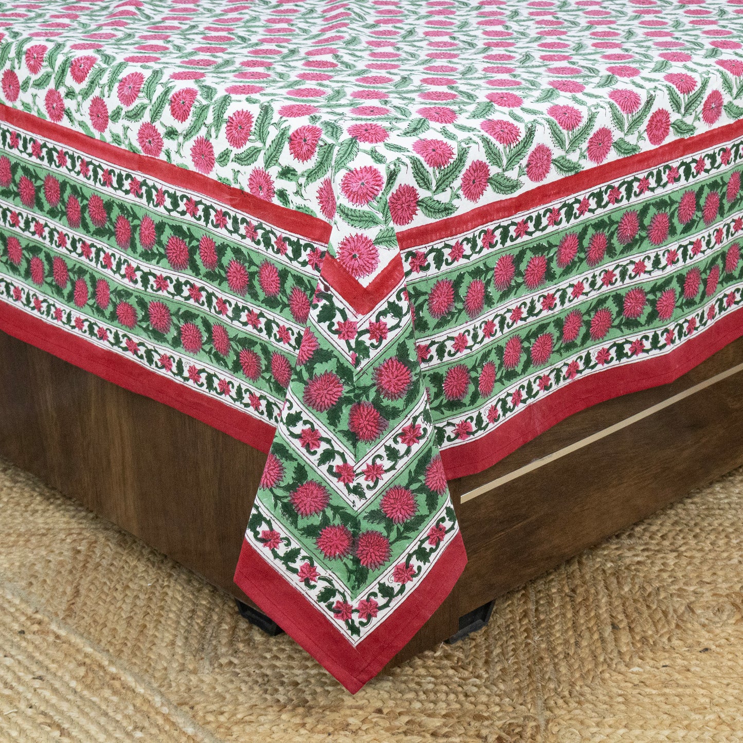 Indian Handmade Block Printed Pink and Green Floral Pattern Cotton Bed sheet For living Room, Kids Room - My Store