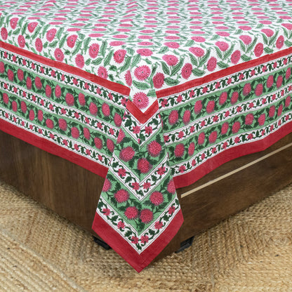 Indian Handmade Block Printed Pink and Green Floral Pattern Cotton Bed sheet For living Room, Kids Room - My Store