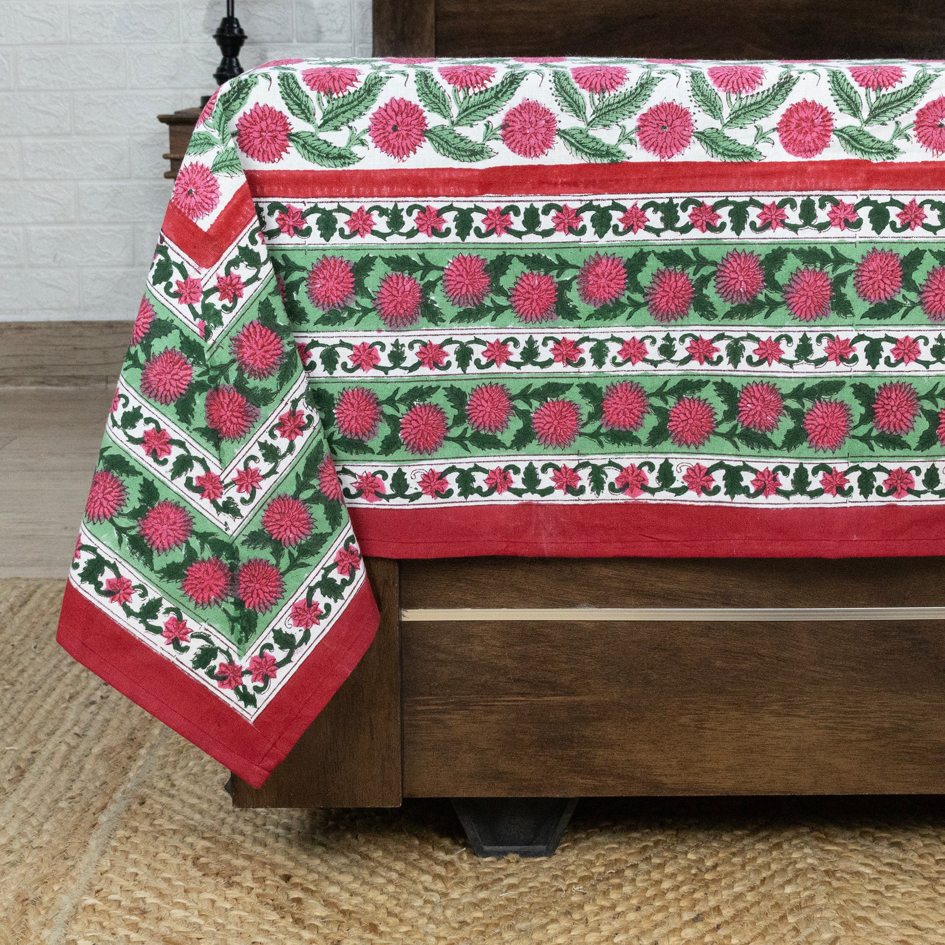 Indian Handmade Block Printed Pink and Green Floral Pattern Cotton Bed sheet For living Room, Kids Room - My Store