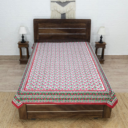 Indian Handmade Block Printed Pink and Green Floral Pattern Cotton Bed sheet For living Room, Kids Room - My Store