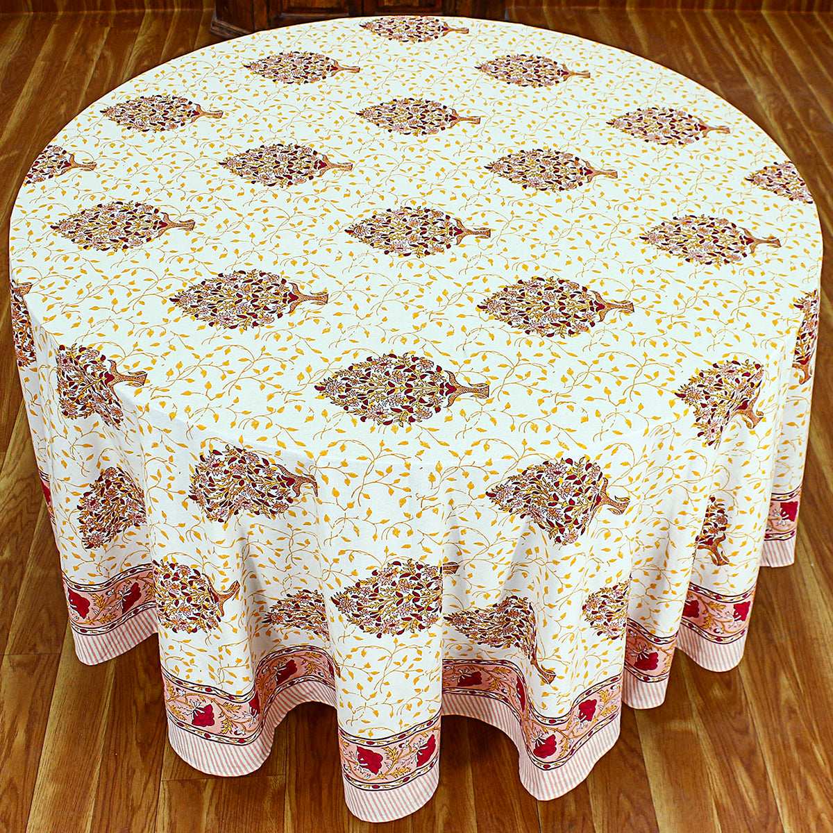 Light Orange and Wine Red Floral Block Printed Cotton Tablecloth For Valentine - My Store