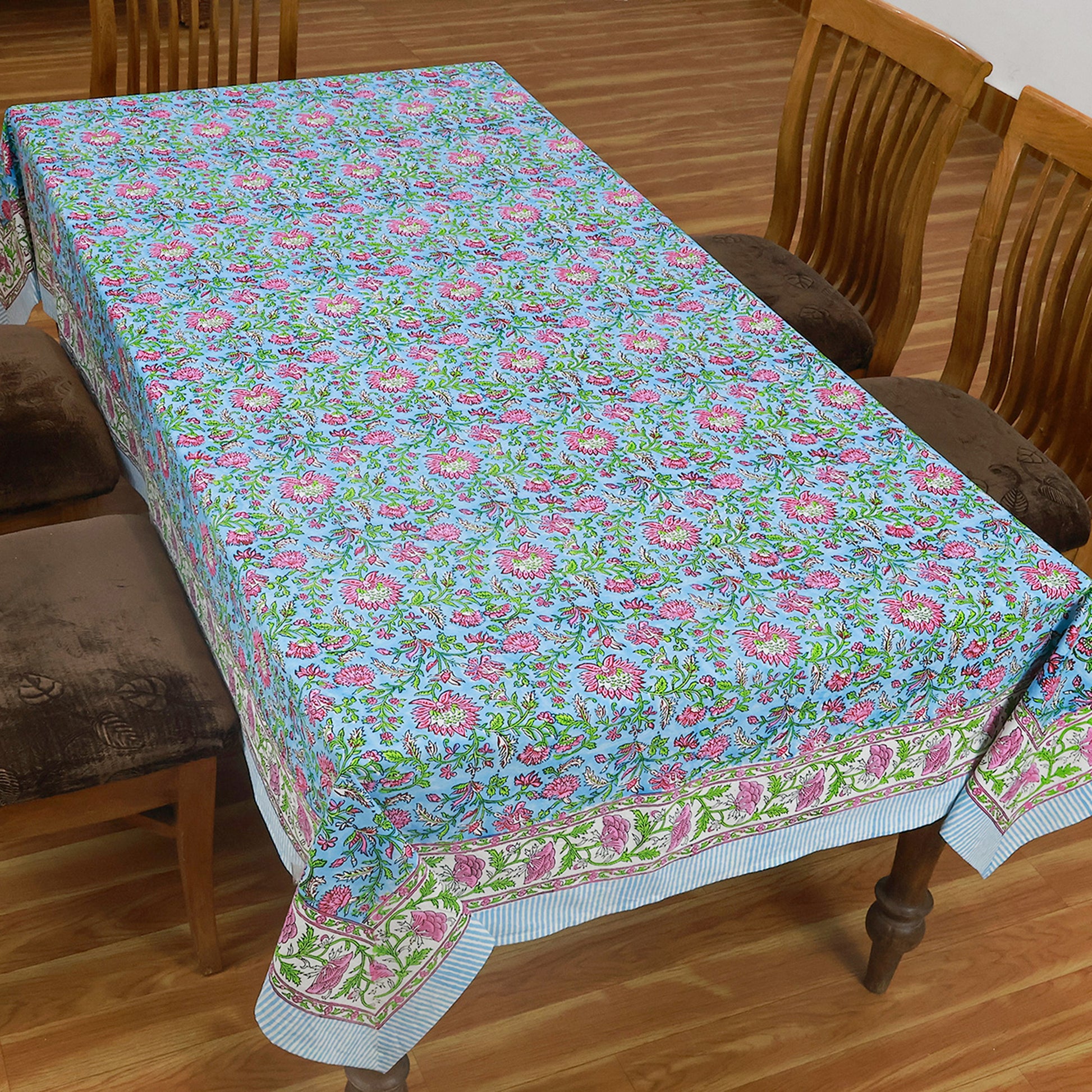 Blue and Pink Block Printed Tablecloth Cotton Rectangle Table Cover - My Store