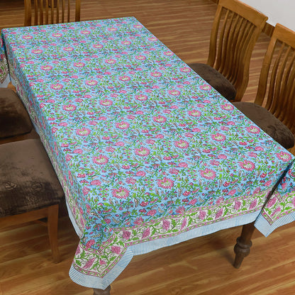 Blue and Pink Block Printed Tablecloth Cotton Rectangle Table Cover - My Store