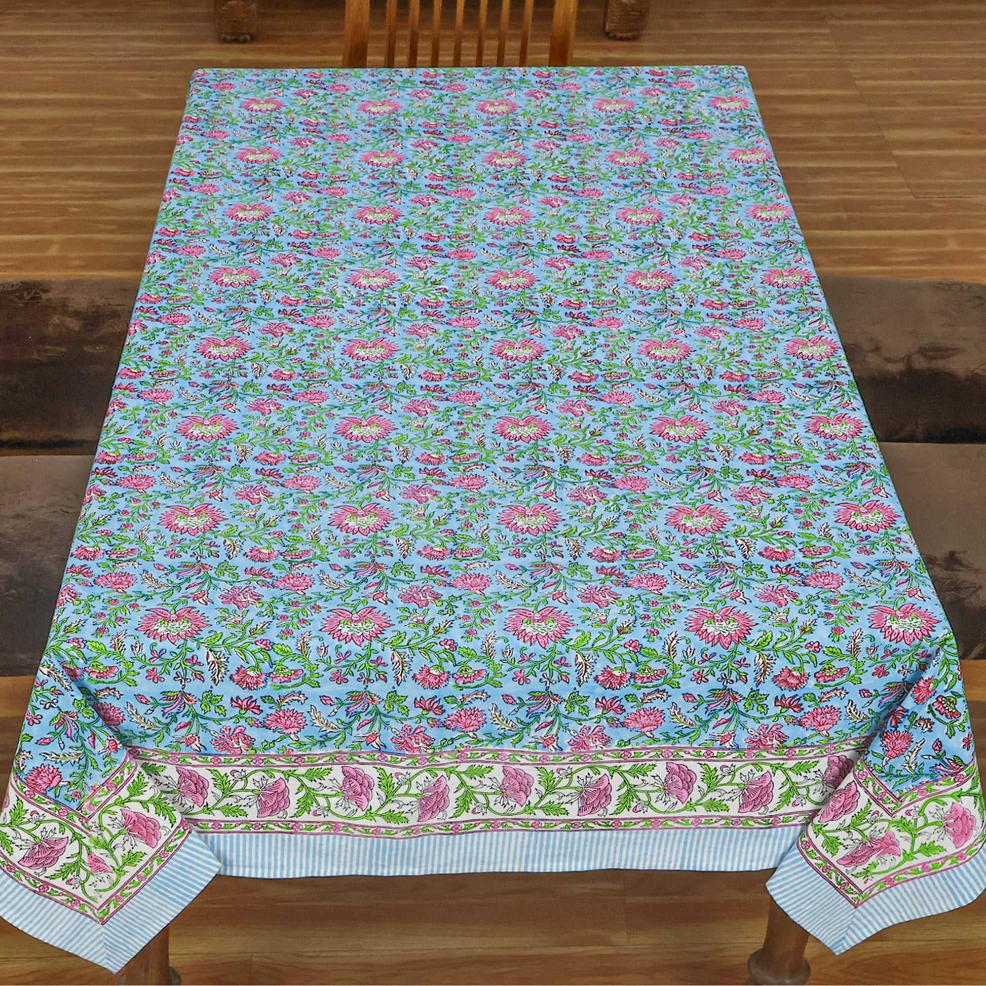 Blue and Pink Block Printed Tablecloth Cotton Rectangle Table Cover - My Store