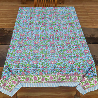 Blue and Pink Block Printed Tablecloth Cotton Rectangle Table Cover - My Store