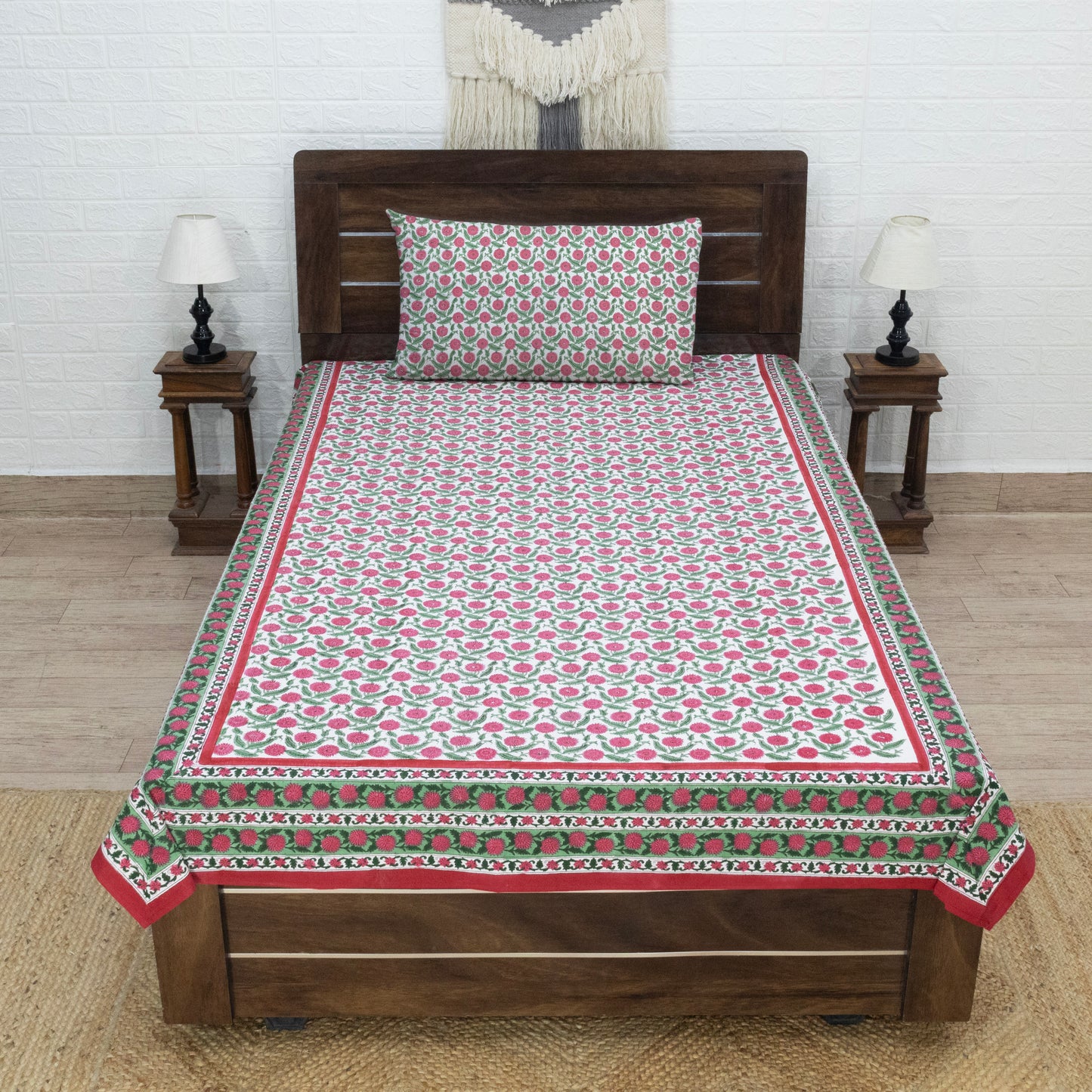 Indian Handmade Block Printed Pink and Green Floral Pattern Cotton Bed sheet For living Room, Kids Room - My Store