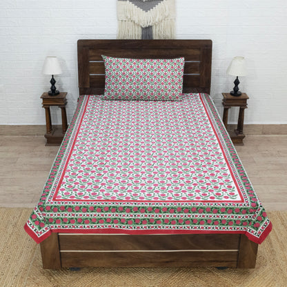 Indian Handmade Block Printed Pink and Green Floral Pattern Cotton Bed sheet For living Room, Kids Room - My Store