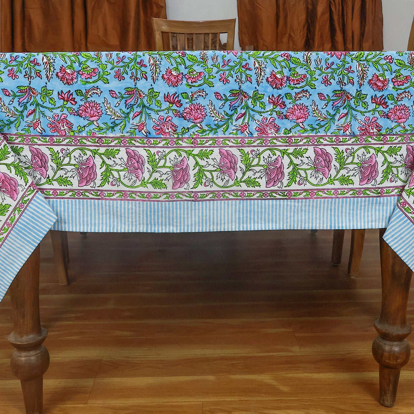 Blue and Pink Block Printed Tablecloth Cotton Rectangle Table Cover - My Store