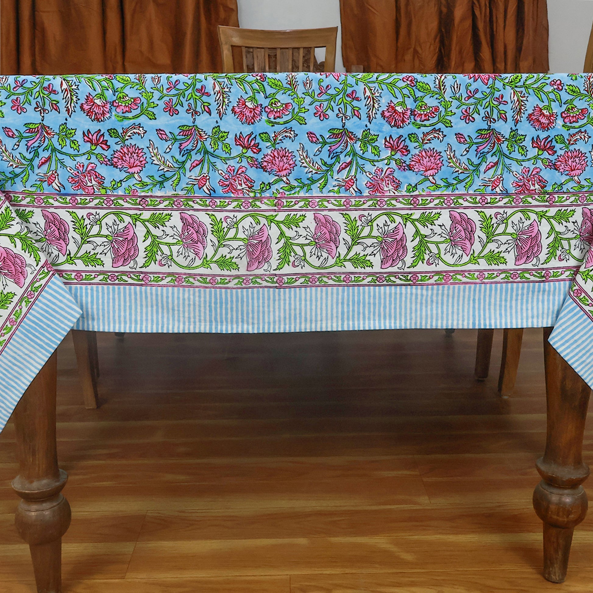 Blue and Pink Block Printed Tablecloth Cotton Rectangle Table Cover - My Store