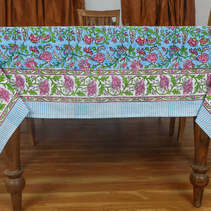 Blue and Pink Block Printed Tablecloth Cotton Rectangle Table Cover - My Store