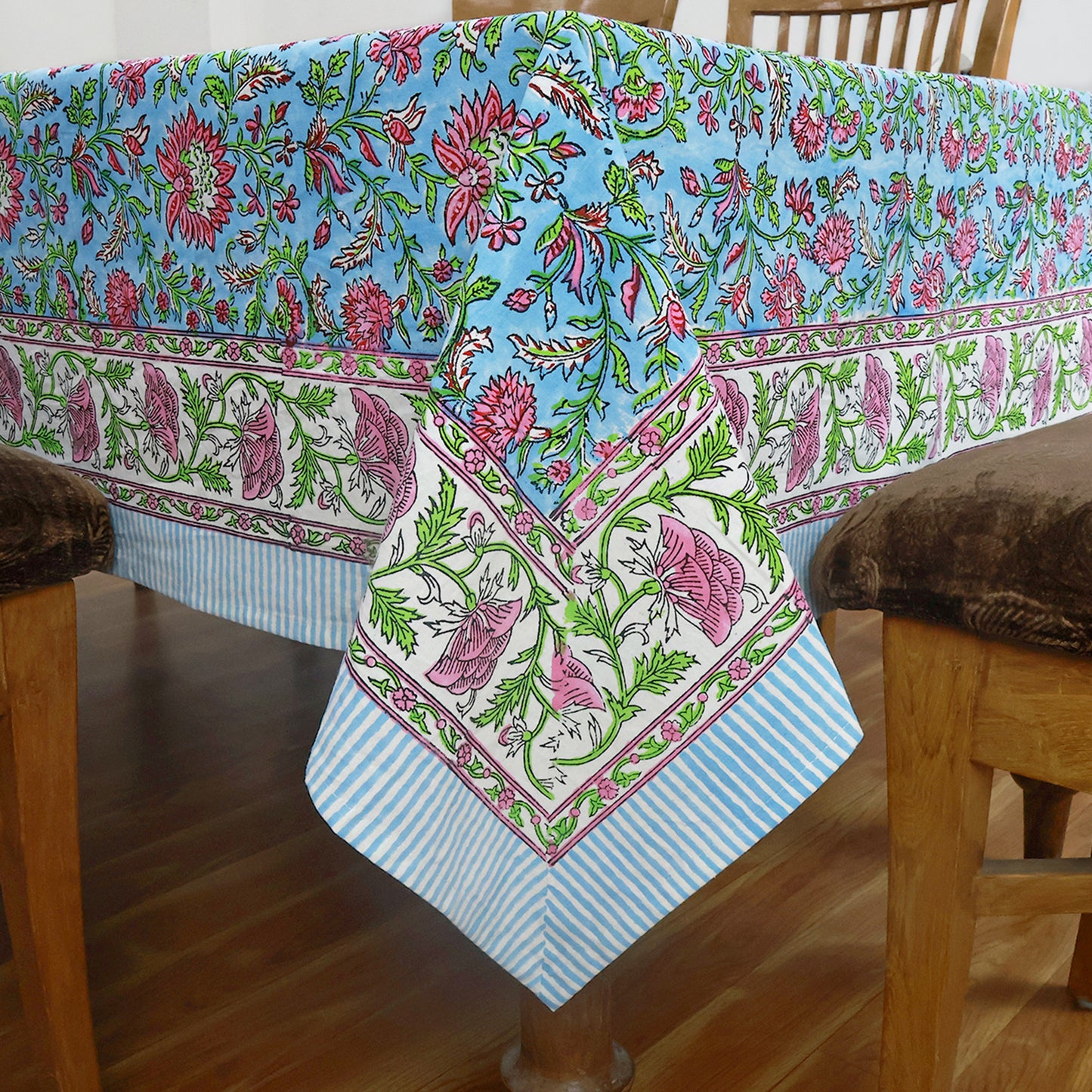 Blue and Pink Block Printed Tablecloth Cotton Rectangle Table Cover - My Store