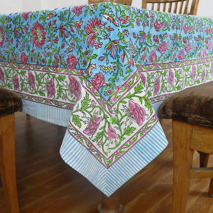 Blue and Pink Block Printed Tablecloth Cotton Rectangle Table Cover - My Store