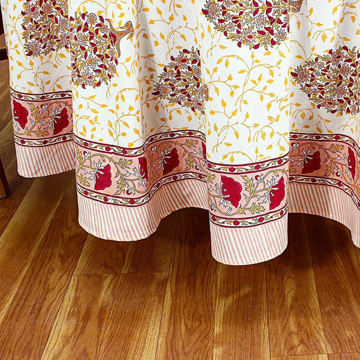 Light Orange and Wine Red Floral Block Printed Cotton Tablecloth For Valentine - My Store