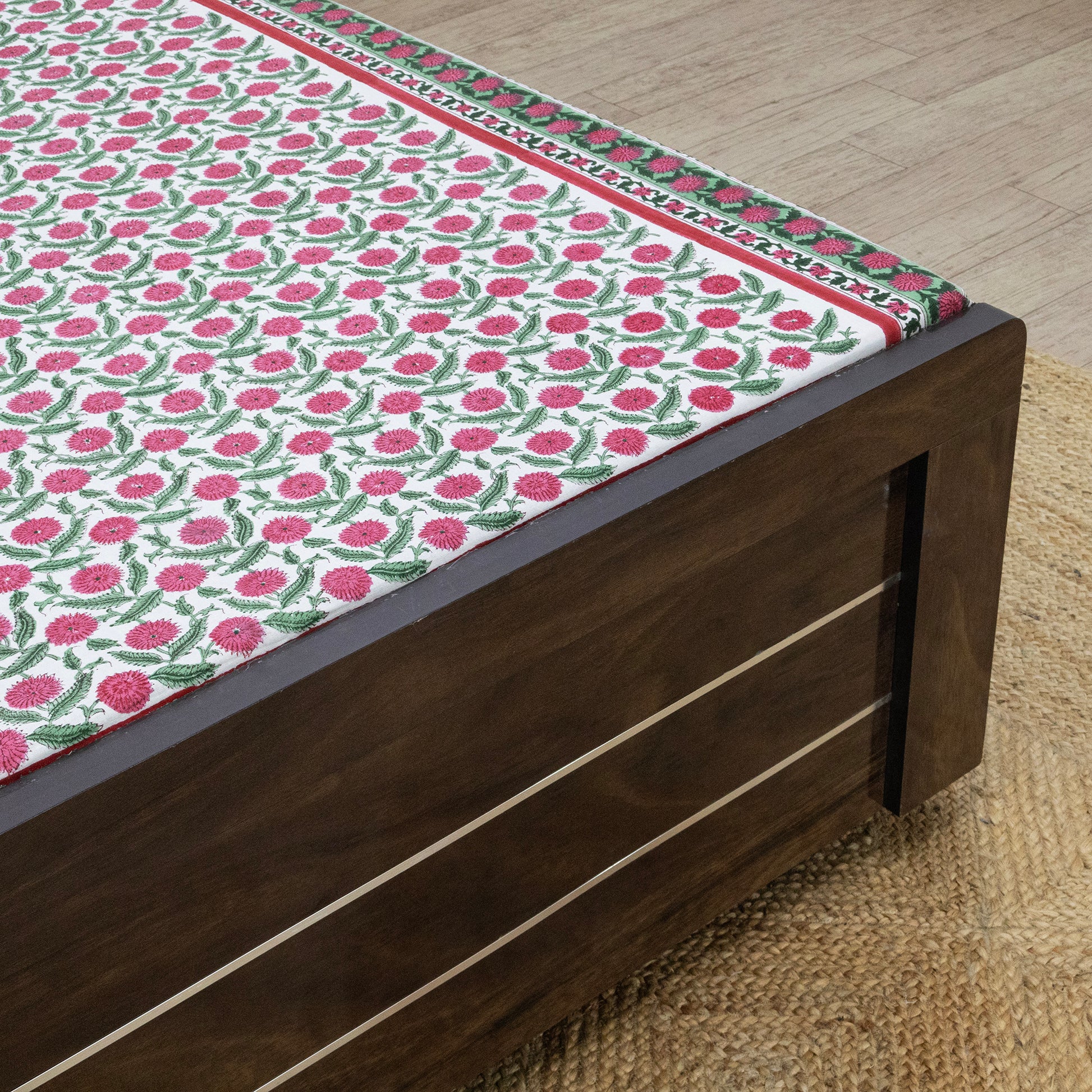 Indian Handmade Block Printed Pink and Green Floral Pattern Cotton Bed sheet For living Room, Kids Room - My Store