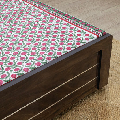 Indian Handmade Block Printed Pink and Green Floral Pattern Cotton Bed sheet For living Room, Kids Room - My Store