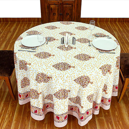 Light Orange and Wine Red Floral Block Printed Cotton Tablecloth For Valentine - My Store