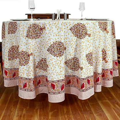 Light Orange and Wine Red Floral Block Printed Cotton Tablecloth For Valentine - My Store