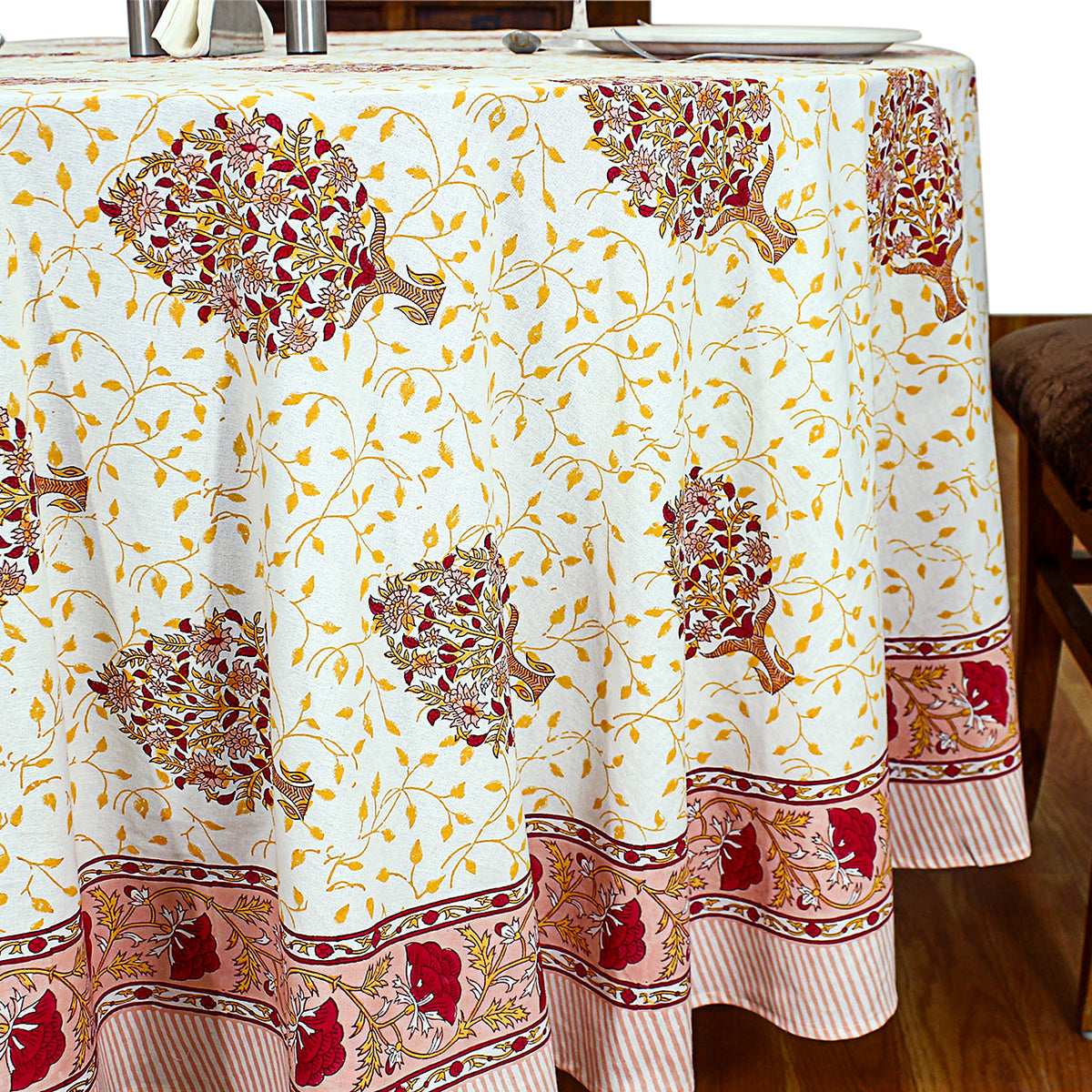 Light Orange and Wine Red Floral Block Printed Cotton Tablecloth For Valentine - My Store