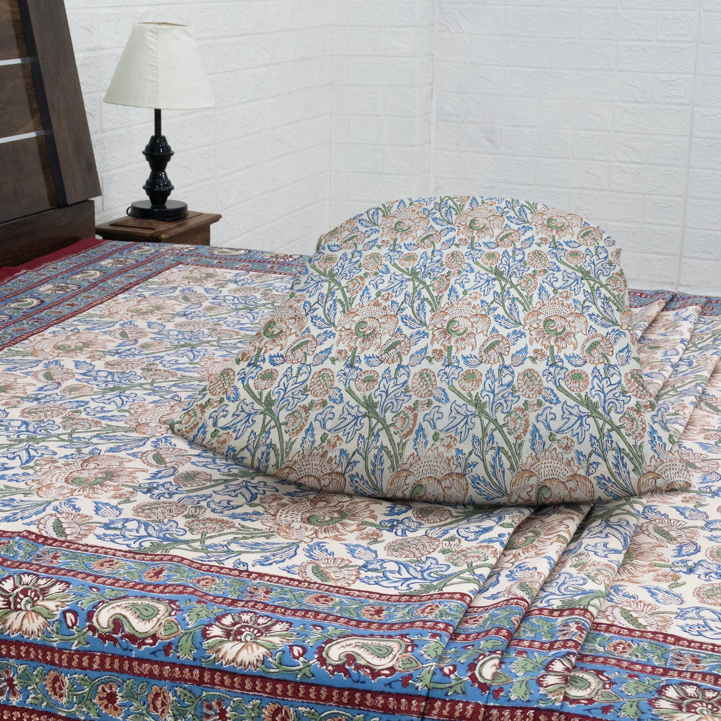 Indian Handmade Block Printed Blue and Green Floral Pattern Cotton Bed sheet For living Room, Kids Room - My Store