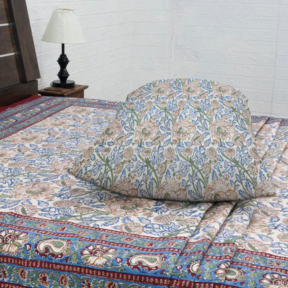 Indian Handmade Block Printed Blue and Green Floral Pattern Cotton Bed sheet For living Room, Kids Room - My Store