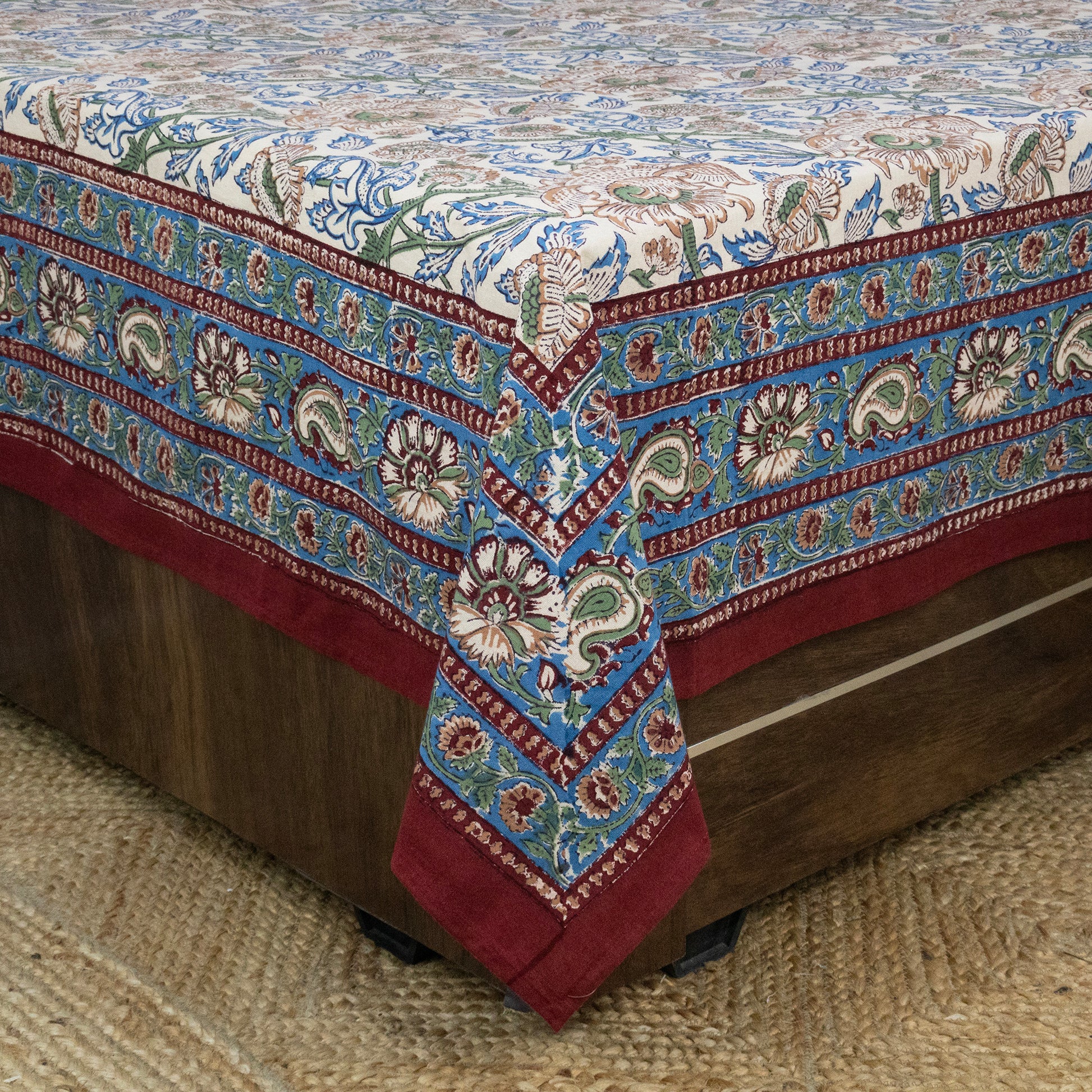 Indian Handmade Block Printed Blue and Green Floral Pattern Cotton Bed sheet For living Room, Kids Room - My Store