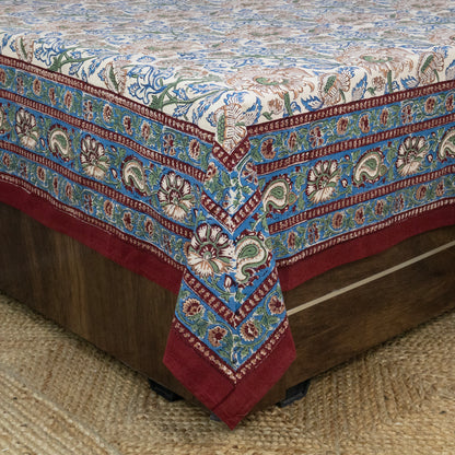 Indian Handmade Block Printed Blue and Green Floral Pattern Cotton Bed sheet For living Room, Kids Room - My Store