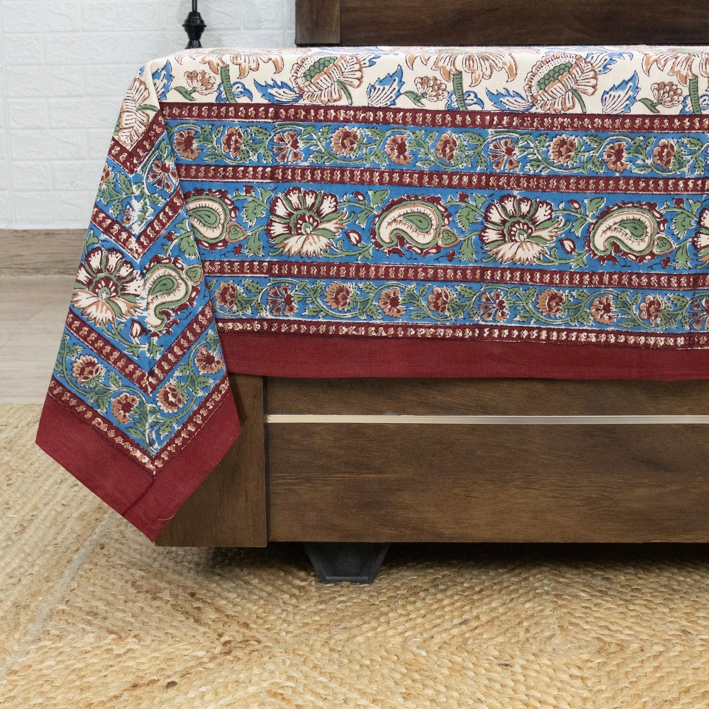 Indian Handmade Block Printed Blue and Green Floral Pattern Cotton Bed sheet For living Room, Kids Room - My Store