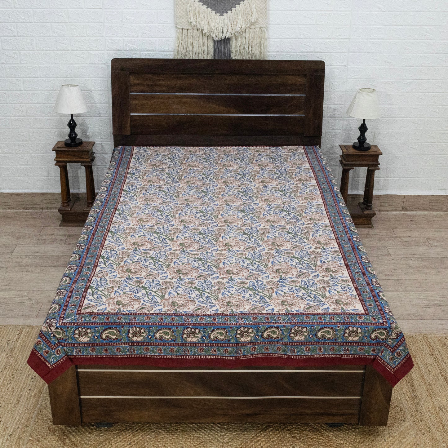 Indian Handmade Block Printed Blue and Green Floral Pattern Cotton Bed sheet For living Room, Kids Room - My Store