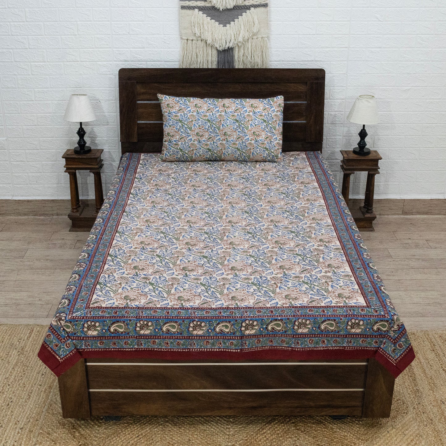 Indian Handmade Block Printed Blue and Green Floral Pattern Cotton Bed sheet For living Room, Kids Room - My Store