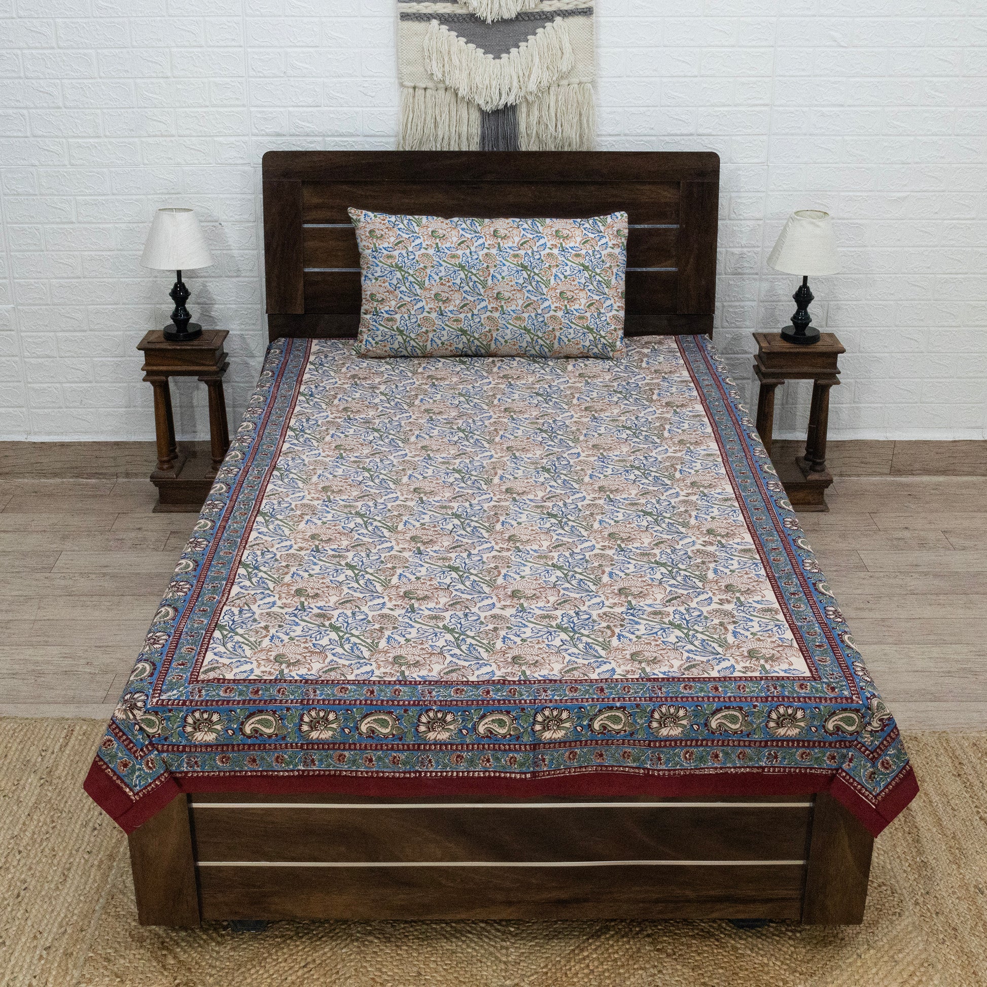 Indian Handmade Block Printed Blue and Green Floral Pattern Cotton Bed sheet For living Room, Kids Room - My Store