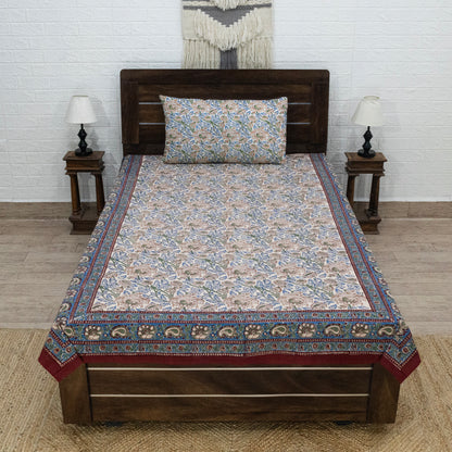 Indian Handmade Block Printed Blue and Green Floral Pattern Cotton Bed sheet For living Room, Kids Room - My Store