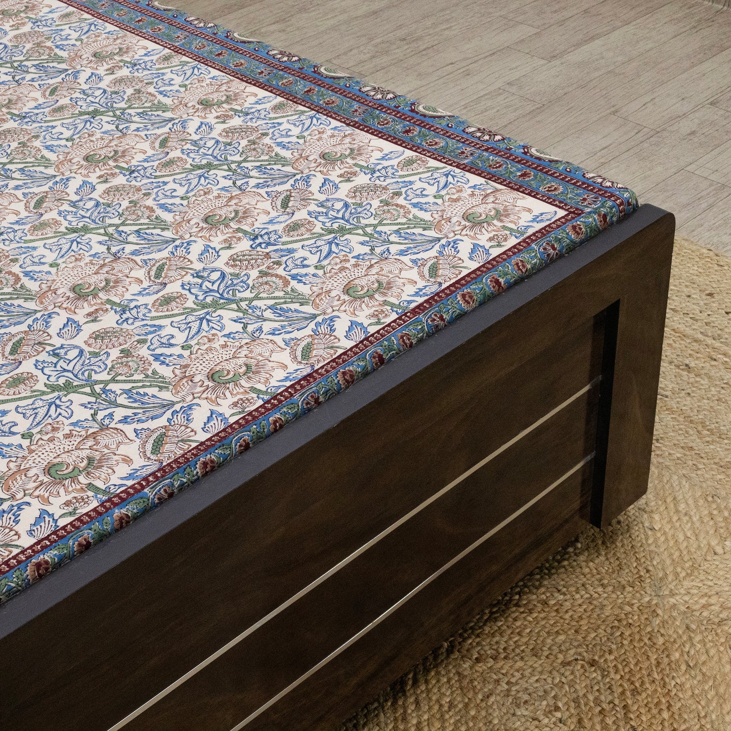 Indian Handmade Block Printed Blue and Green Floral Pattern Cotton Bed sheet For living Room, Kids Room - My Store