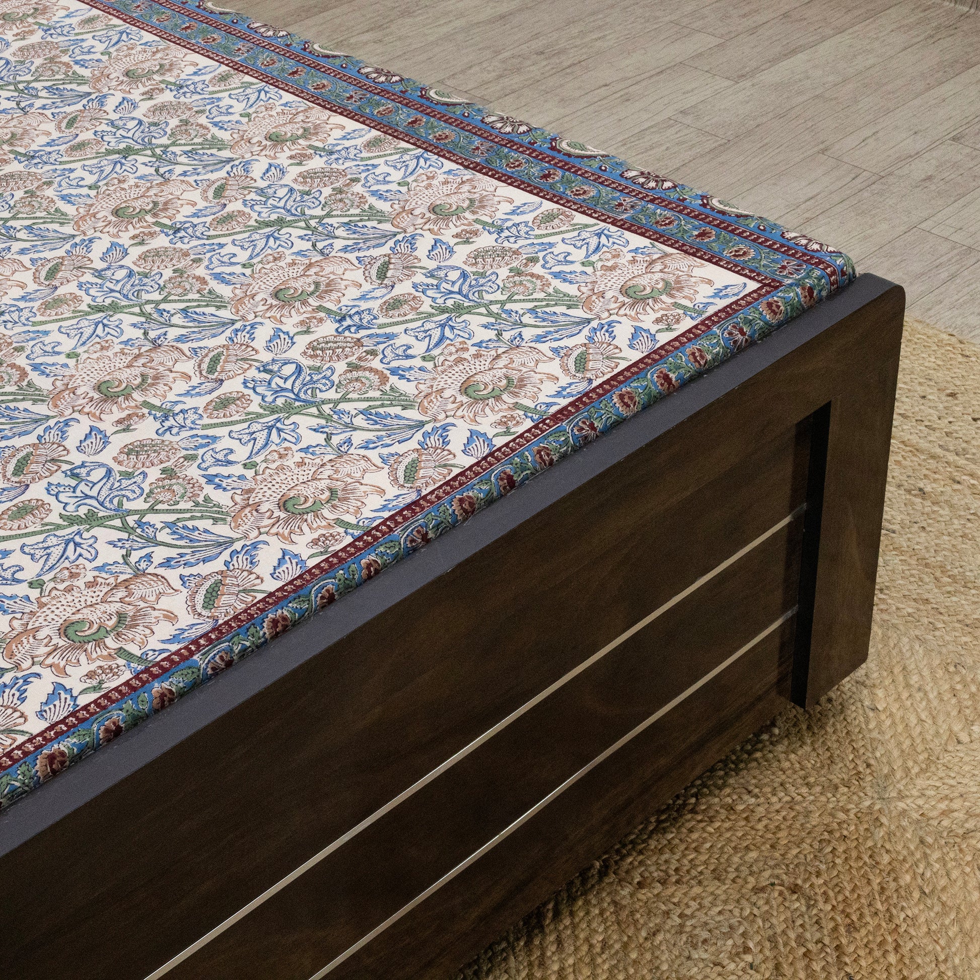 Indian Handmade Block Printed Blue and Green Floral Pattern Cotton Bed sheet For living Room, Kids Room - My Store