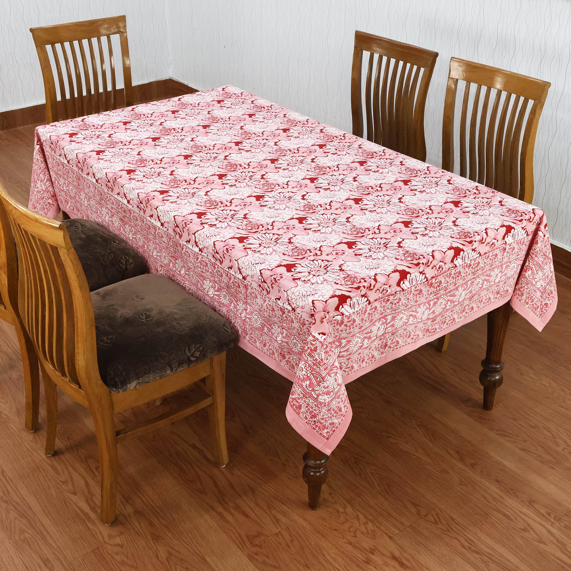 Indian Handmade Block Printed Cotton Pink and White Rectangle Tablecloth - My Store