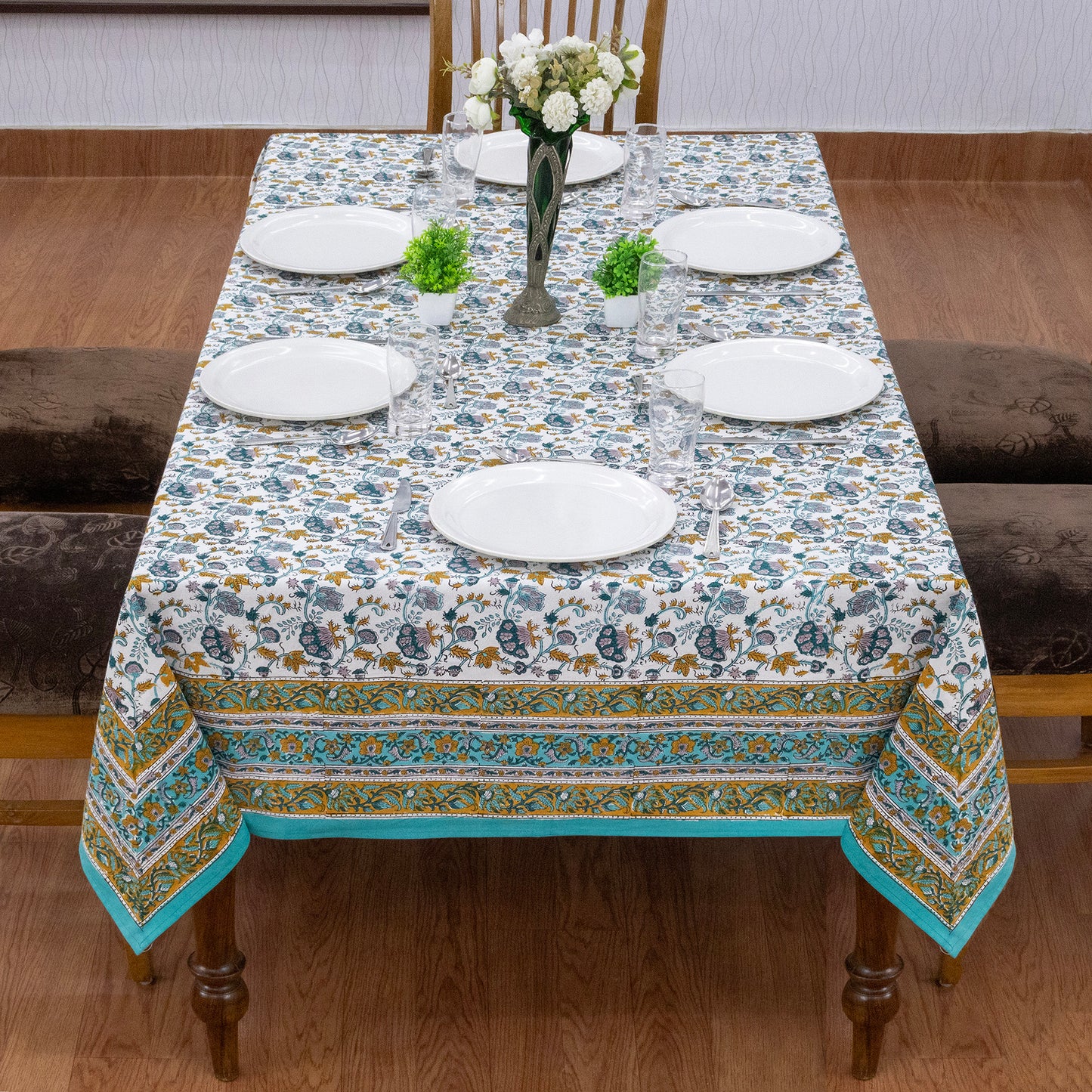 Blue & Yellow Block Print Cotton Tablecloth, Handmade Indian Rectangle Table Linen - My Store