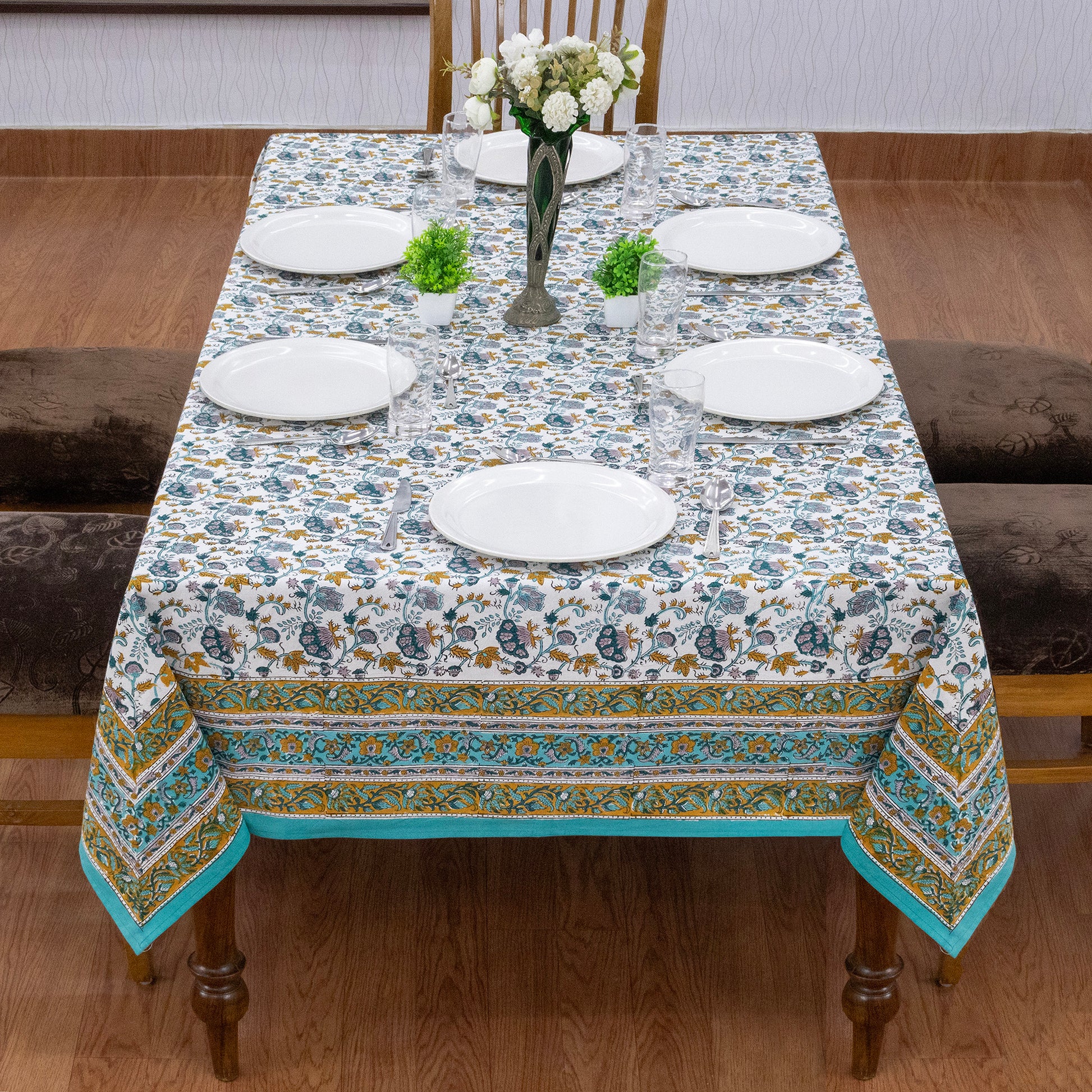 Blue & Yellow Block Print Cotton Tablecloth, Handmade Indian Rectangle Table Linen - My Store