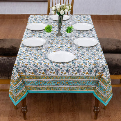 Blue & Yellow Block Print Cotton Tablecloth, Handmade Indian Rectangle Table Linen - My Store