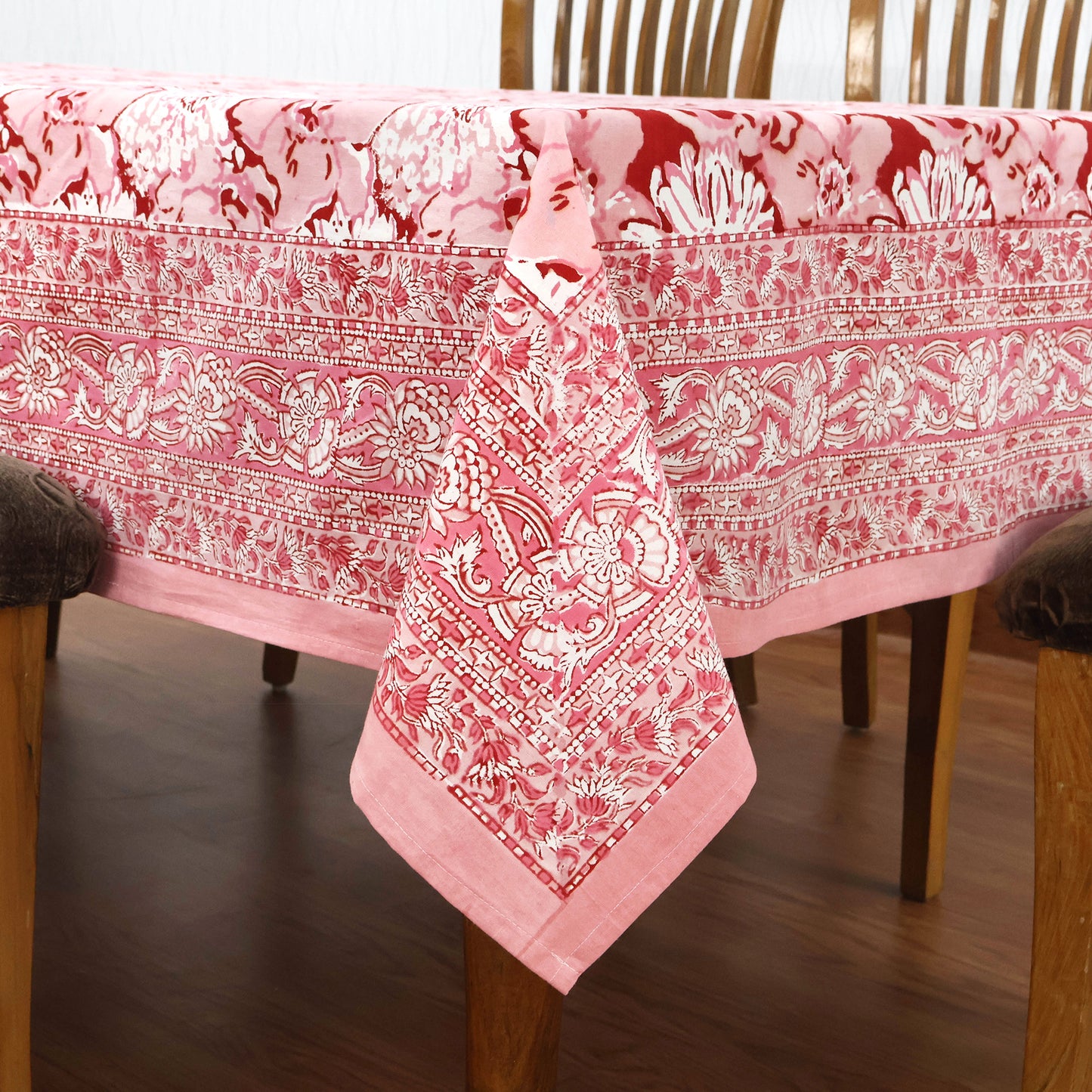 Indian Handmade Block Printed Cotton Pink and White Rectangle Tablecloth - My Store