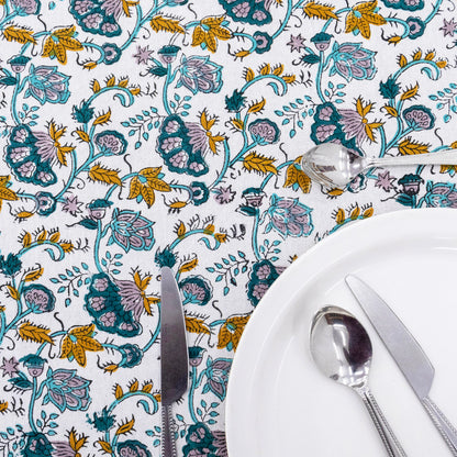 Blue & Yellow Block Print Cotton Tablecloth, Handmade Indian Rectangle Table Linen - My Store
