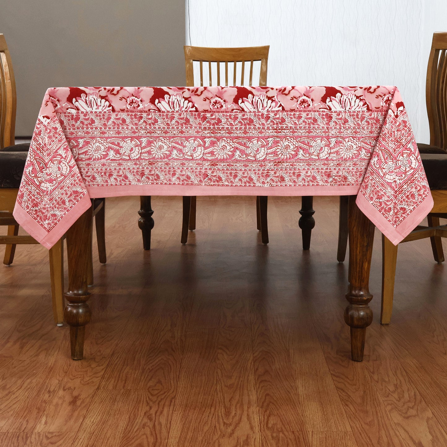 Indian Handmade Block Printed Cotton Pink and White Rectangle Tablecloth - My Store